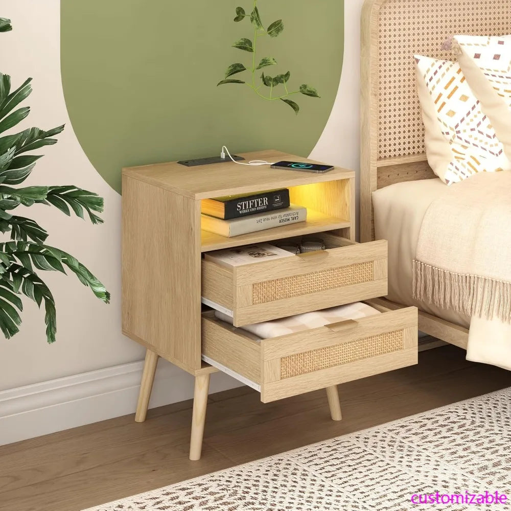 Rattan Nightstands/ Set of 2 with Charging Station and LED Lights, End Tables with 2 Drawers and Wood Legs