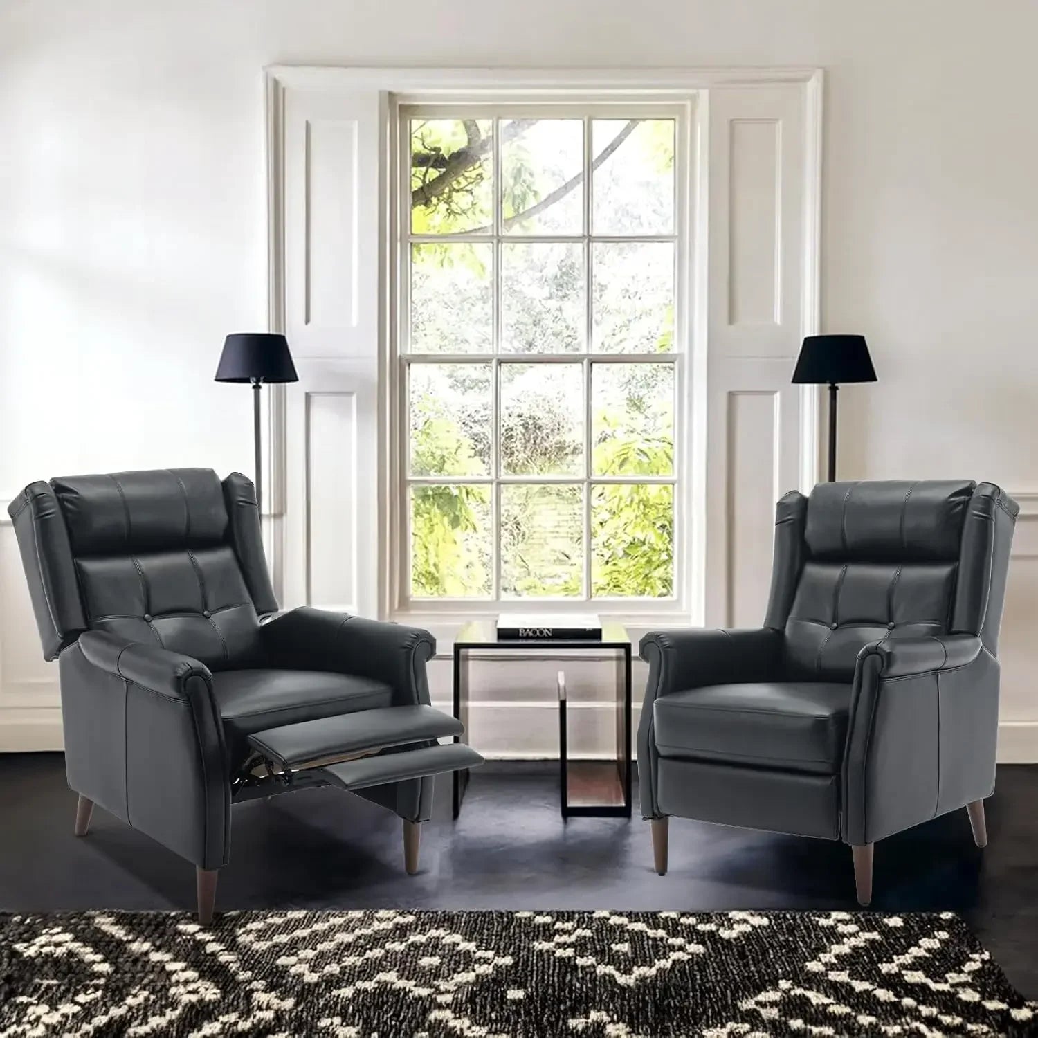 Wingback Pushback Recliner Chair, Modern Upholstered Leather Living Room Chair Armchair with Button Tufted Back, Black