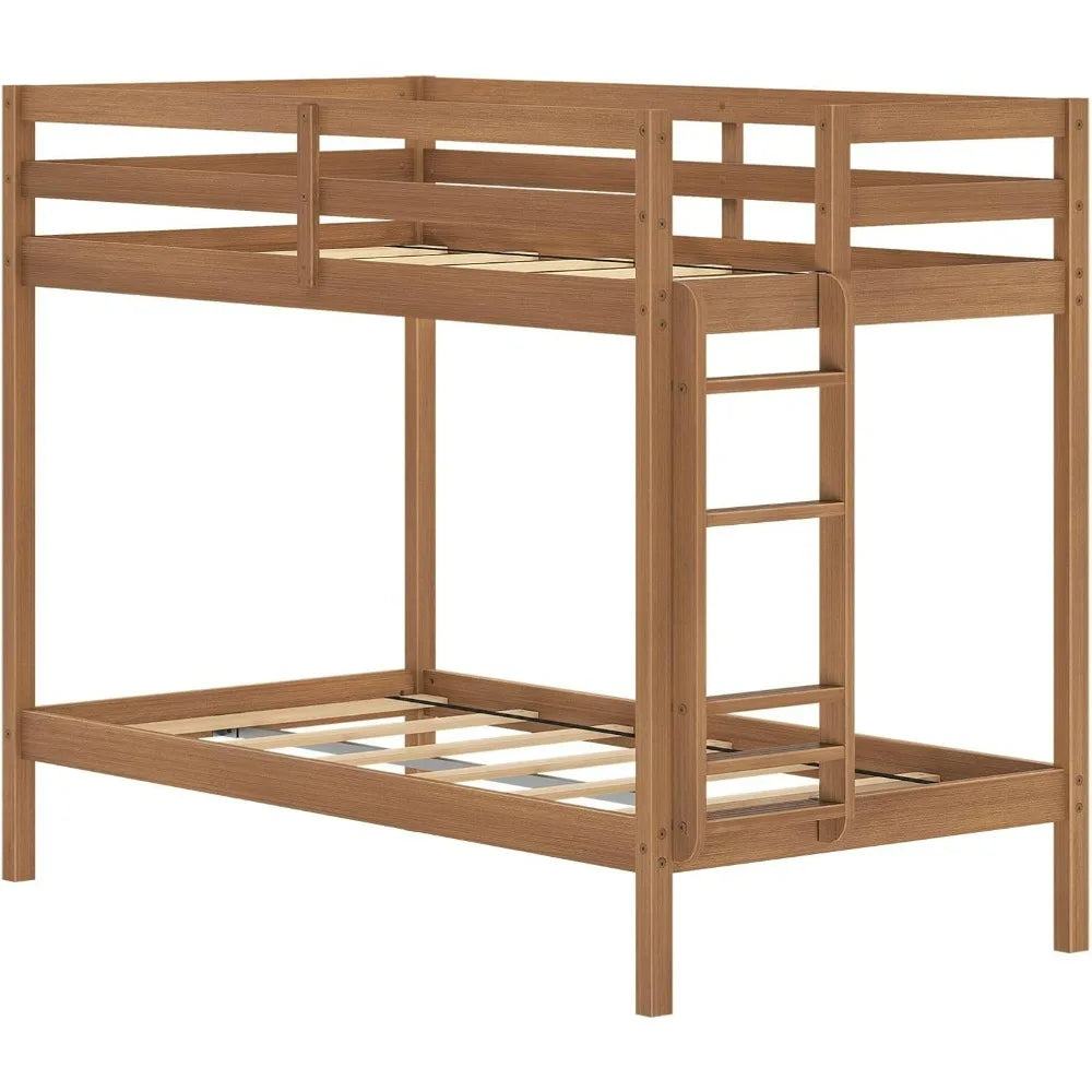 Durable Twin-Over-Twin Kids Bunk Bed with Plywood Construction, Ladder, Guardrail, and Slatted Support