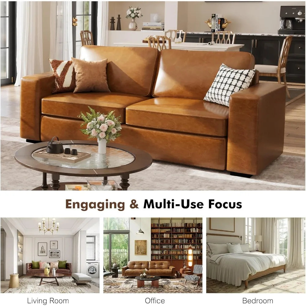 85" Faux Leather Couch with Padded Cushions, Mid-Century Modern Sofa with Extra Deep Seats, 3-Seater Sofa Couch for Living Room
