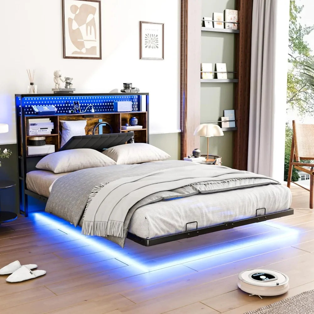 Full Size Floating Bed Frame with Headboard, LED Lights, Hidden Storage