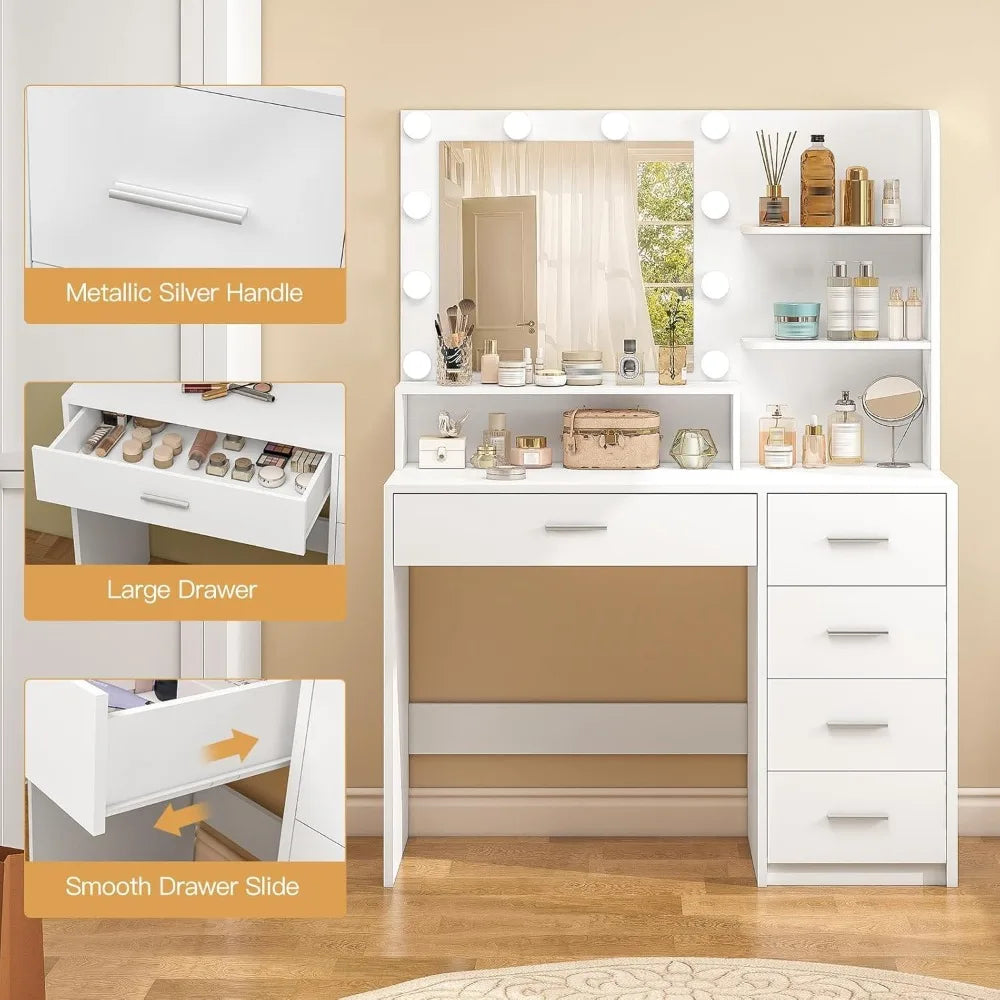 Makeup Vanity Desk with Mirror & Lights, 5 Drawers & Storage Shelves, Vanity Table, 3 Color Modes & Adjustable