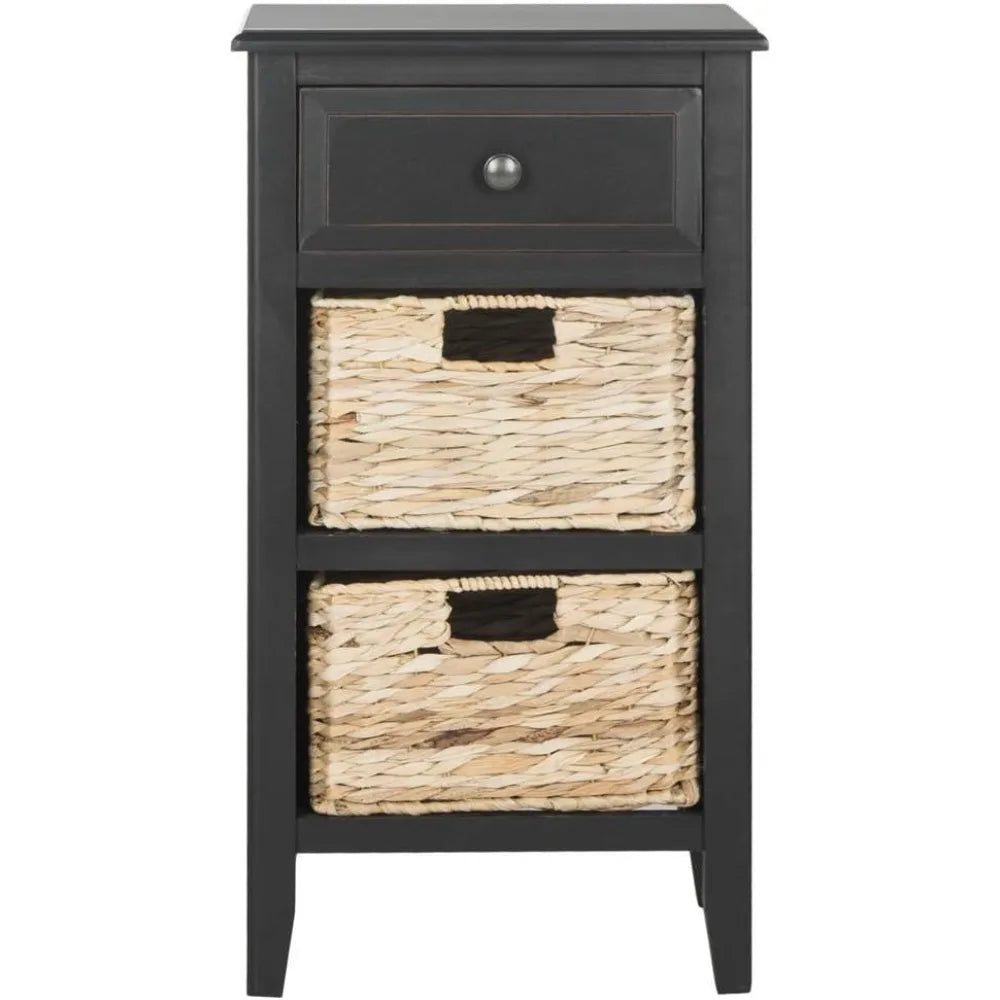 Distressed Black Side Table with 1 Drawer and 2 Removable Baskets