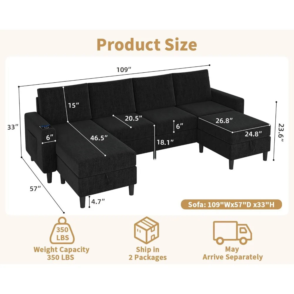 Smart Sectional Couches for Living Room, 6 Seat U/L Shaped Sectional Sofa with RGB Light/Charging,