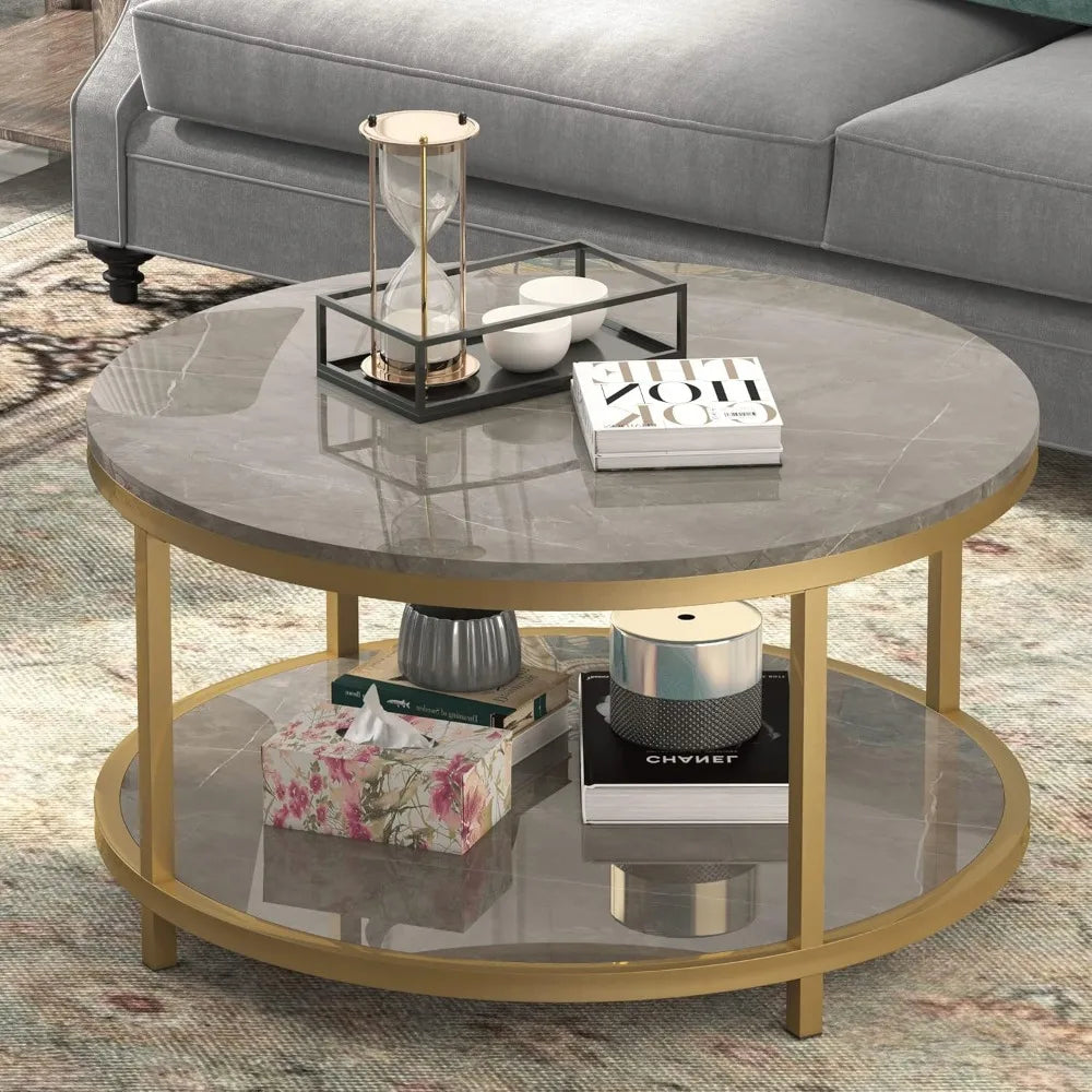 Round Coffee Table 33.5" Coffee Table for Living Room High Glossy Faux Marble Top Modern Circle Table Sturdy Gold Metal Frame