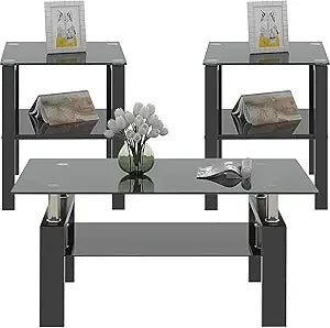 Black Glass Coffee Table Set of 3 Piece, Living Room Tables Set of 3 Pcs, Including 1 Coffee Table and 2 End Side Tables, Metal
