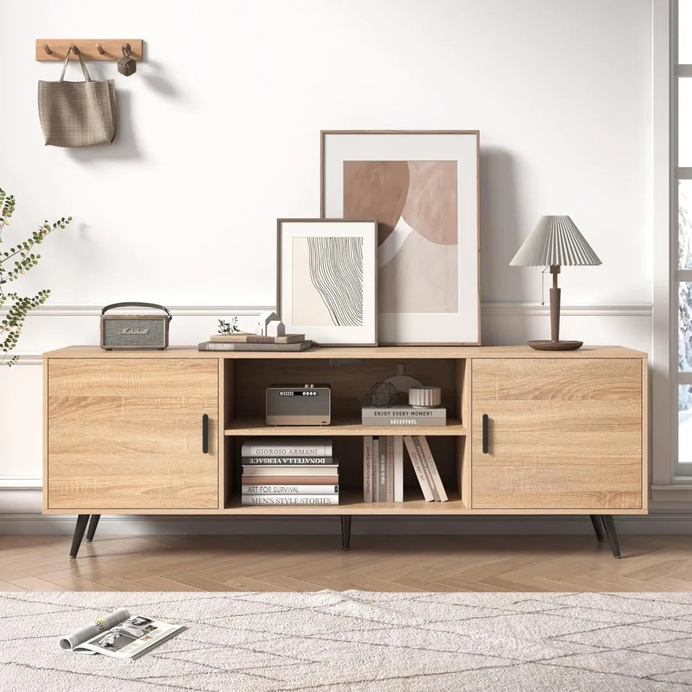 Mid Century Modern TV Stand 70" for 75" TV, Wood with Storage, Entertainment Center for Living Room & Bedroom,