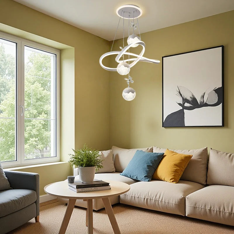 LED Chandelier with Three Spherical Lampshades, Three Adjustable Light Colors, Adjustable Height, and Crystal Accents; Suitable for Above Dining Tables, in Bedrooms, and More