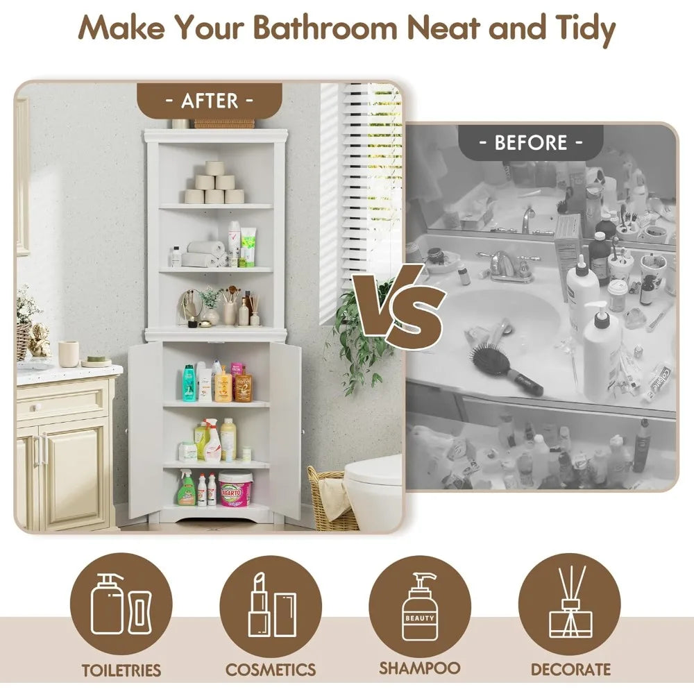 Corner Cabinet, Freestanding Corner Shelf with 2 Doors and 3 Shelves, Bathroom Corner Storage for Bathroom, Living, Bedroom