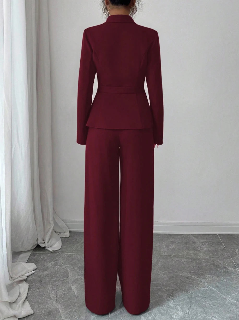 Women's Casual Elegant Solid Color Pocketless Green Collar Long-sleeved Jacket Top and Simple Wide-leg Pants Two-piece Set