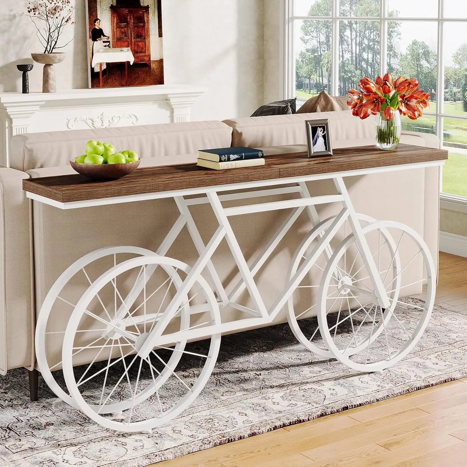 70.9-Inch Extra Long Console Table, Narrow Sofa Table with Bicycle Metal Base, Modern Industrial Entryway Table for Living Room