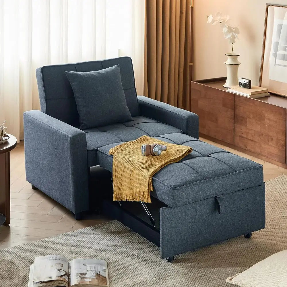 Convertible Sofa Bed with Reclining Backrest and Pull-Out Sleeper, 3-in-1 Blue Couch (35.6)