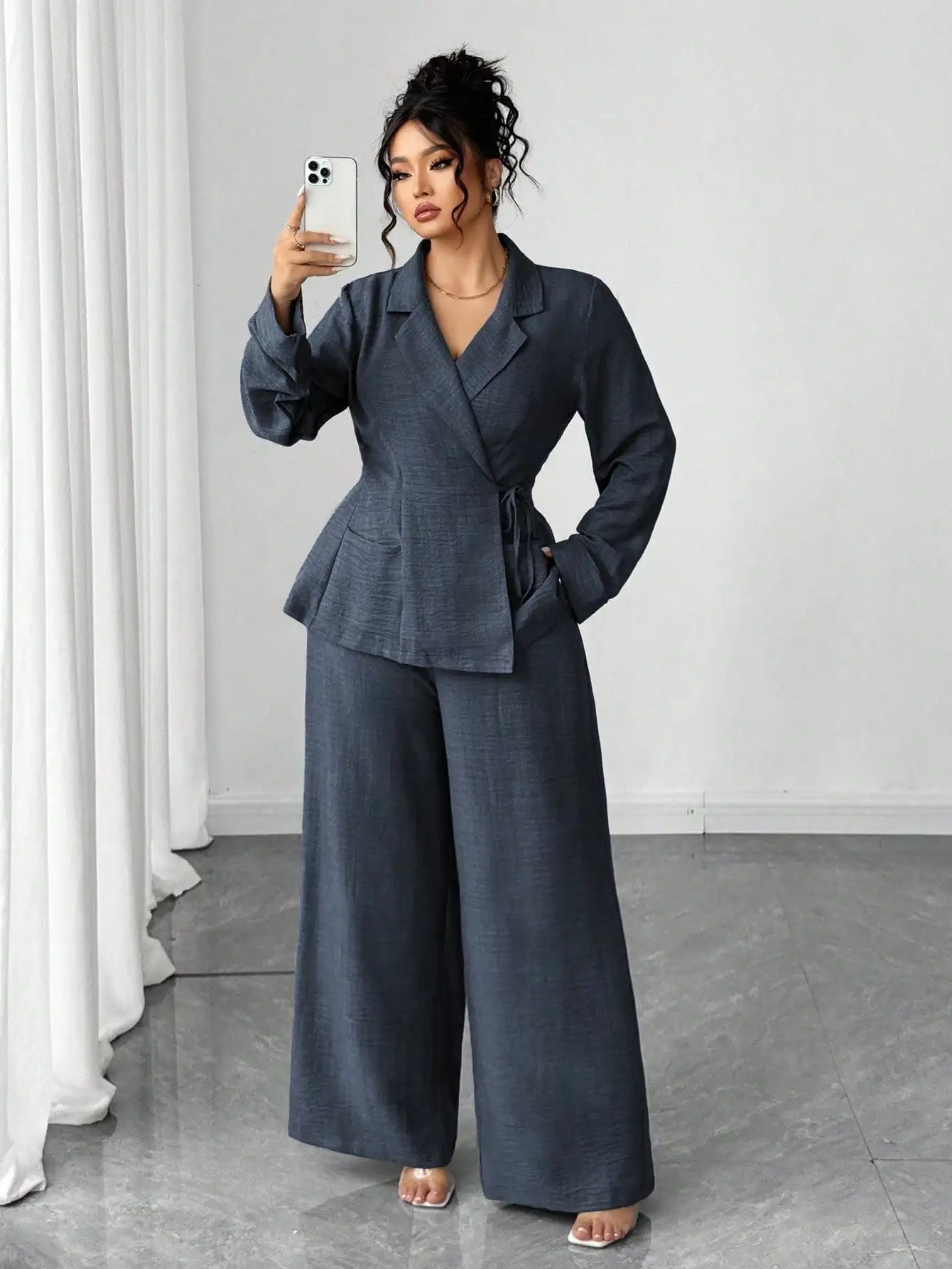 Olive Green Linen Two-Piece Suit for Women - Wrap Blazer with Tie Waist & Wide Leg Pants, Plus Size Office/ Casual Set