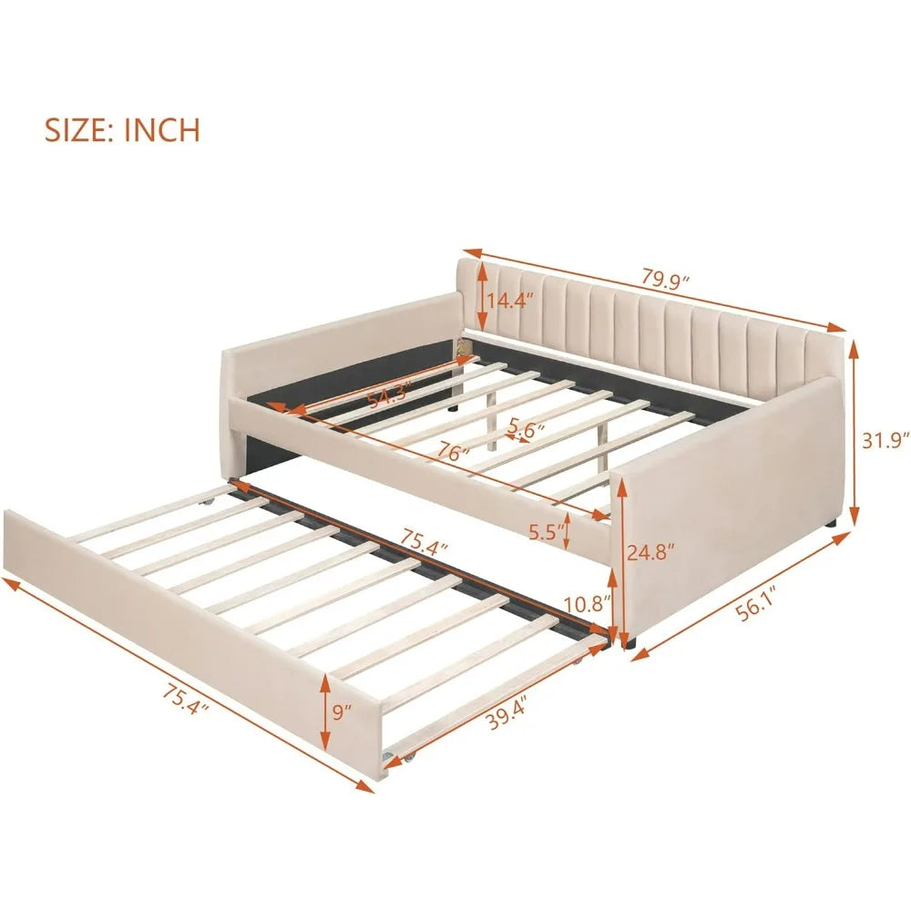 Beige Daybed Full Size with Trundle and Wood Slat Support, No Box Spring Needed