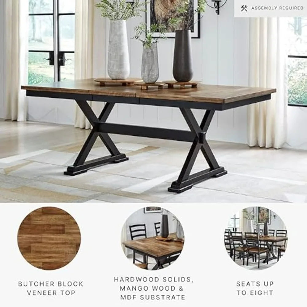 Farmhouse Dining Table with Built-in Butterfly Leaf Extension for 6-8 Seating, Black