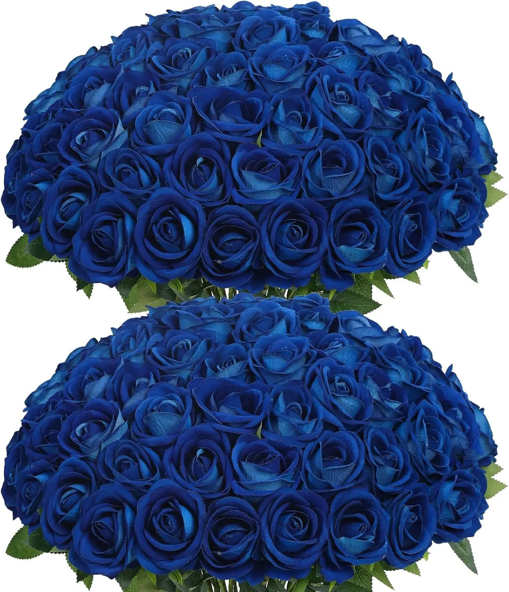 Artificial Royal Blue Roses - 50Pcs Premium Velvet Faux Roses with Long Stems, Realistic Roses Flowers for Wedding Bouquet