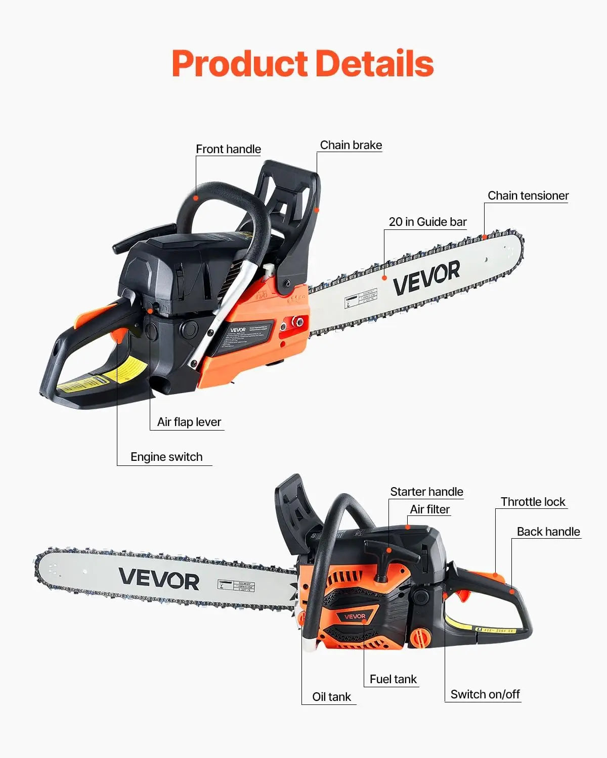 20inch 62CC Gas Powered Chainsaw, 3.8 HP 2 Stroke Engine Gas Power Chainsaw with Non-Slip Handle, Gas Chainsaw