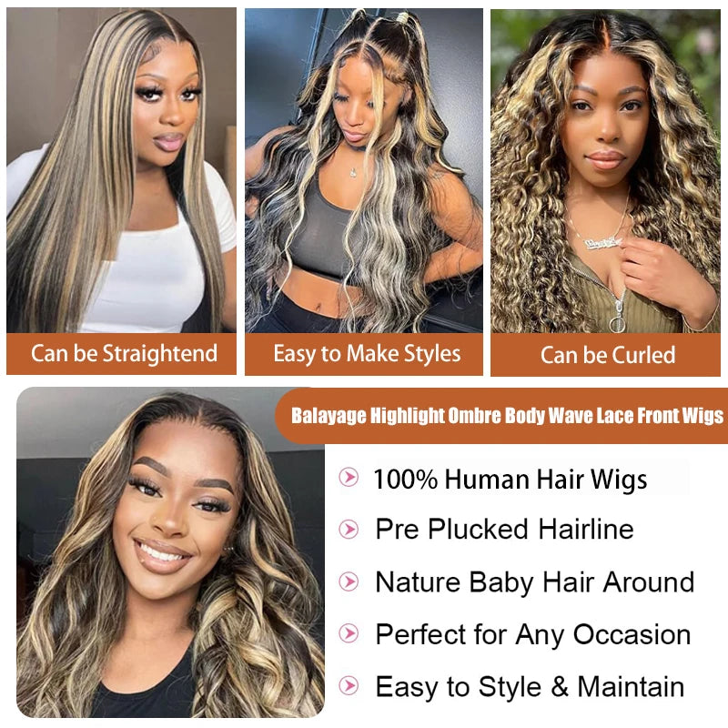 32Inch #1B/27 13x6 Balayage Highlight Ombre Body Wave Lace Front Wigs Human Hair 200 Density Honey Blonde Colored Lace Front Wig