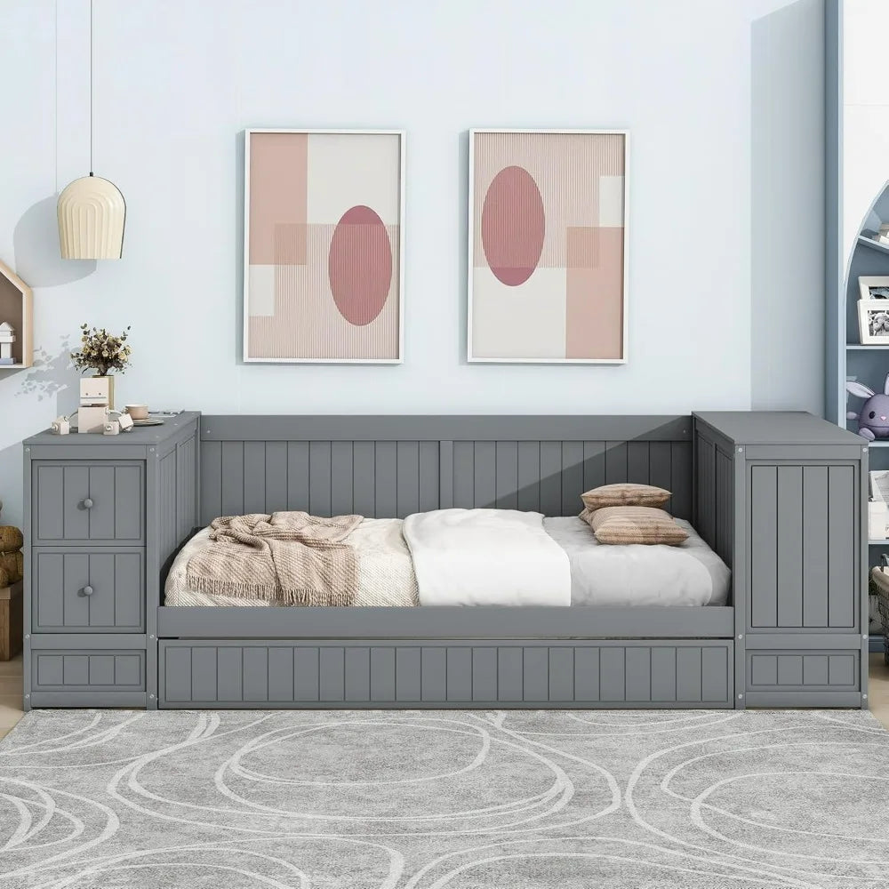 Gray Wood Twin Daybed with Trundle, Storage Arms, and Charging Station for Bedroom