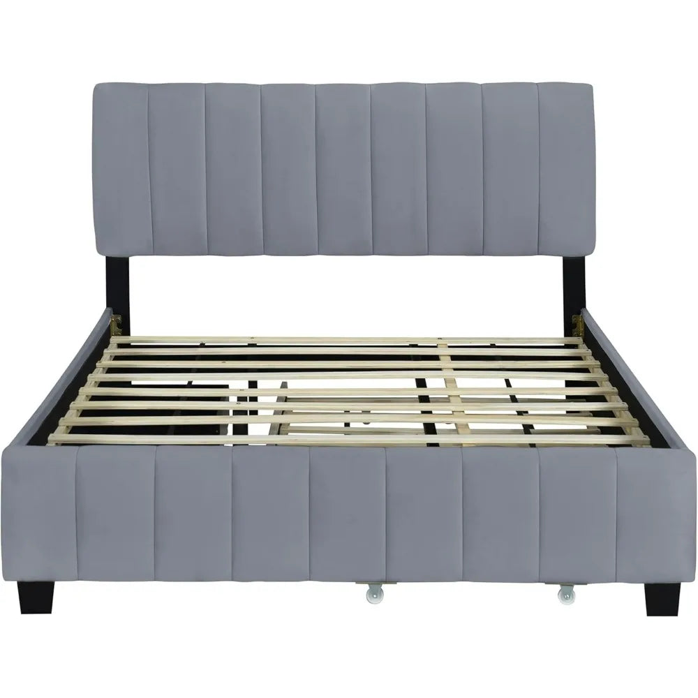 Queen Upholstered Platform Bed with Storage Drawers and Twin XL Trundle, Wooden Bed Frame, No Box Spring Needed