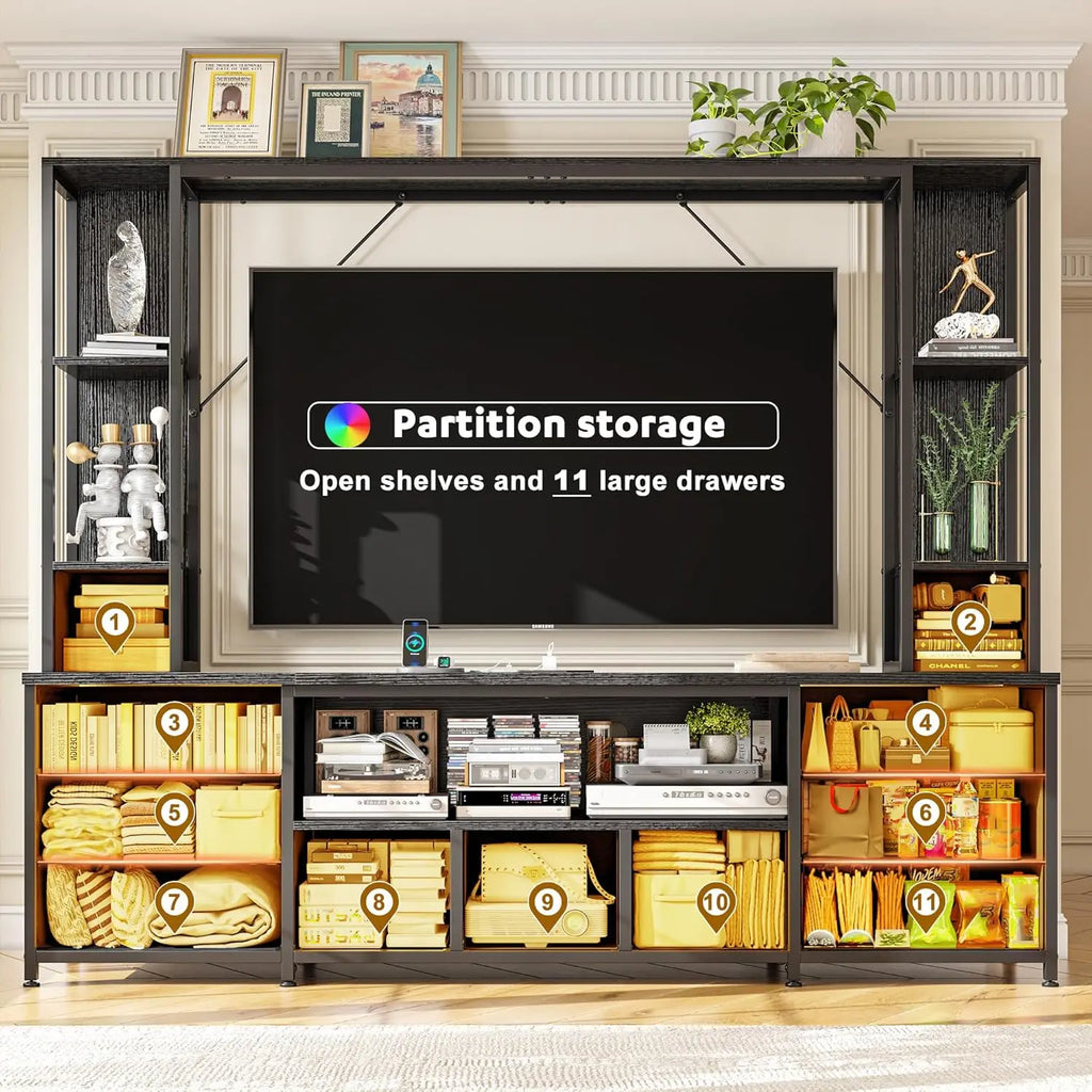 65" TV Stand for Living Room, Large Wall Unit Entertainment Center with 11 Fabric Drawers ,Dresser with 2 LED Lights