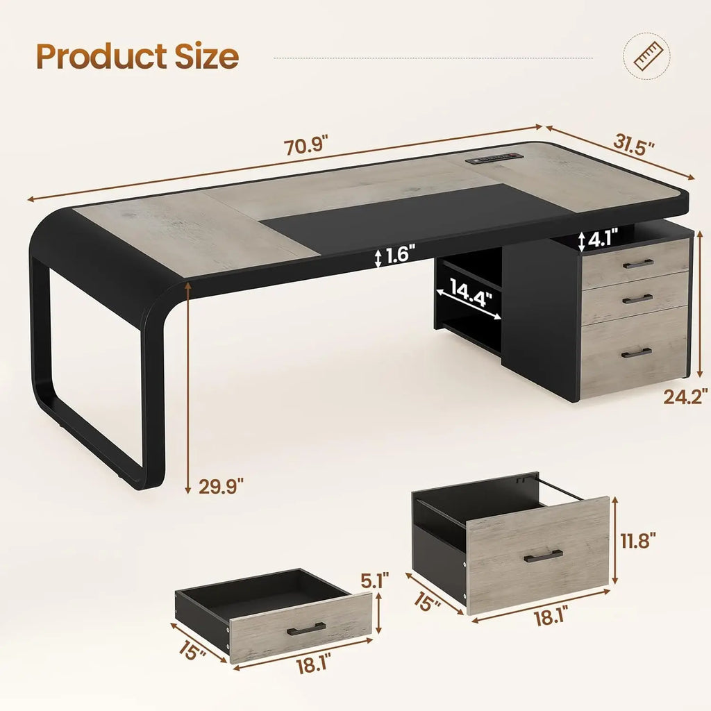 70.9" Executive Desk, Large Computer Desk with Drawers and Lateral File Cabinet, Office Desk with Removable Shelves, Business