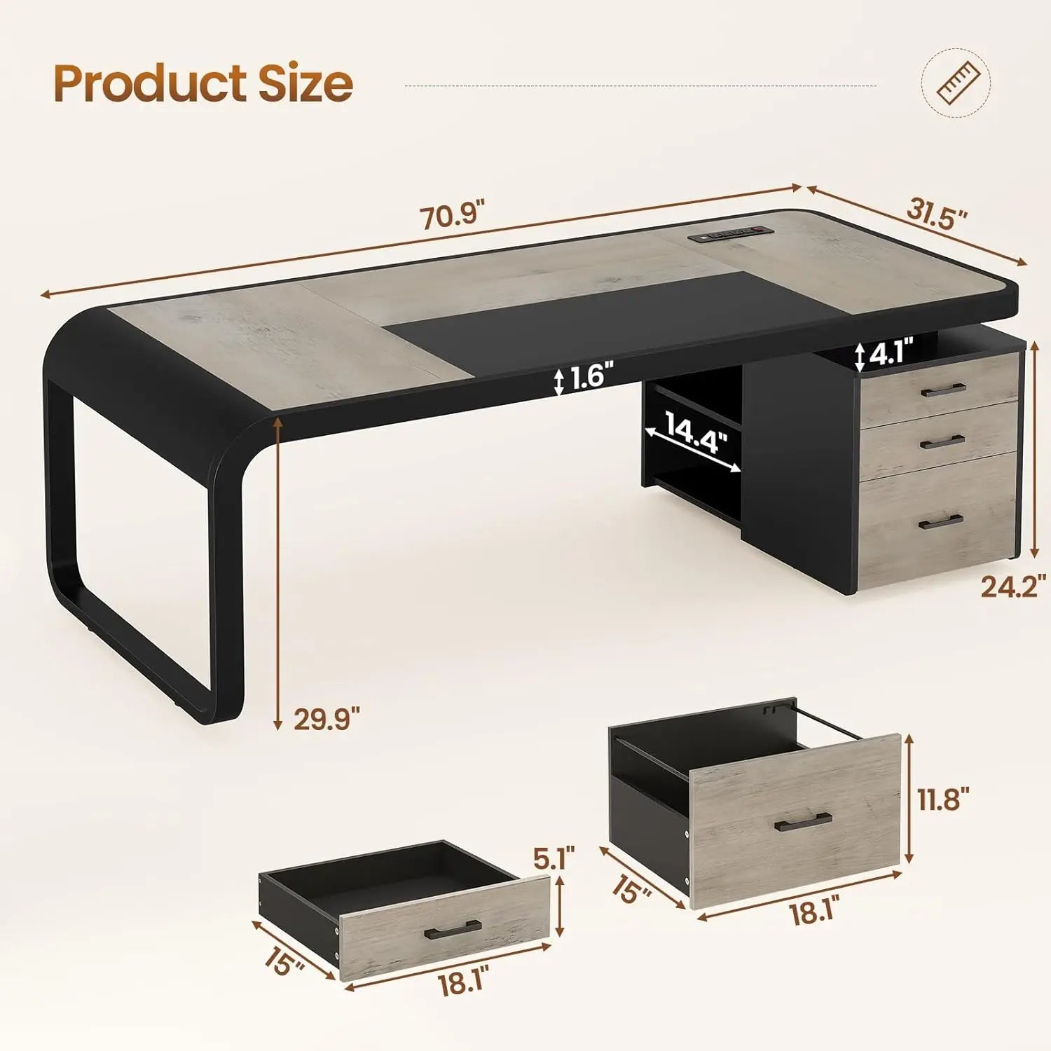 70.9" Executive Desk, Large Computer Desk with Drawers and Lateral File Cabinet, Office Desk with Removable Shelves, Business