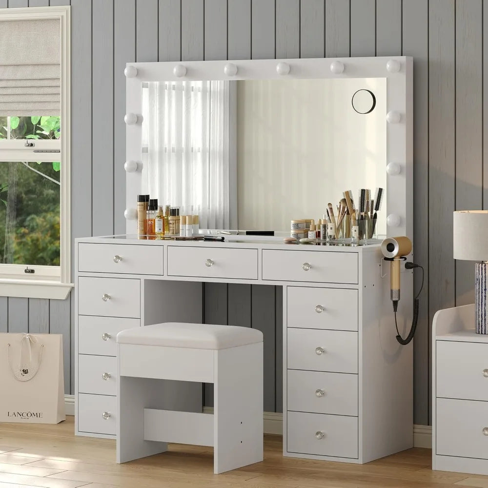 Vanity Desk with Power Outlet, Makeup Vanity with Mirror and 12 LED Lights, 3 Lighting Modes, 11 Drawers Vanity Table with Chair