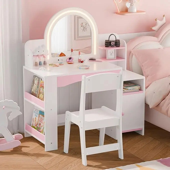 Children's Princess Makeup Vanity with Illuminated Mirror, Storage, and Bookshelf Combo