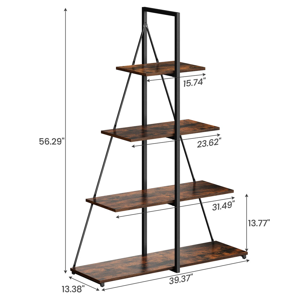 4-Tier A-Frame Ladder Shelf Bookcase - Steel Frame Bookshelf | Rustic Book Storage Shelf for Living Room, Bedroom or Kitchen, Living Room Display Rack Stand