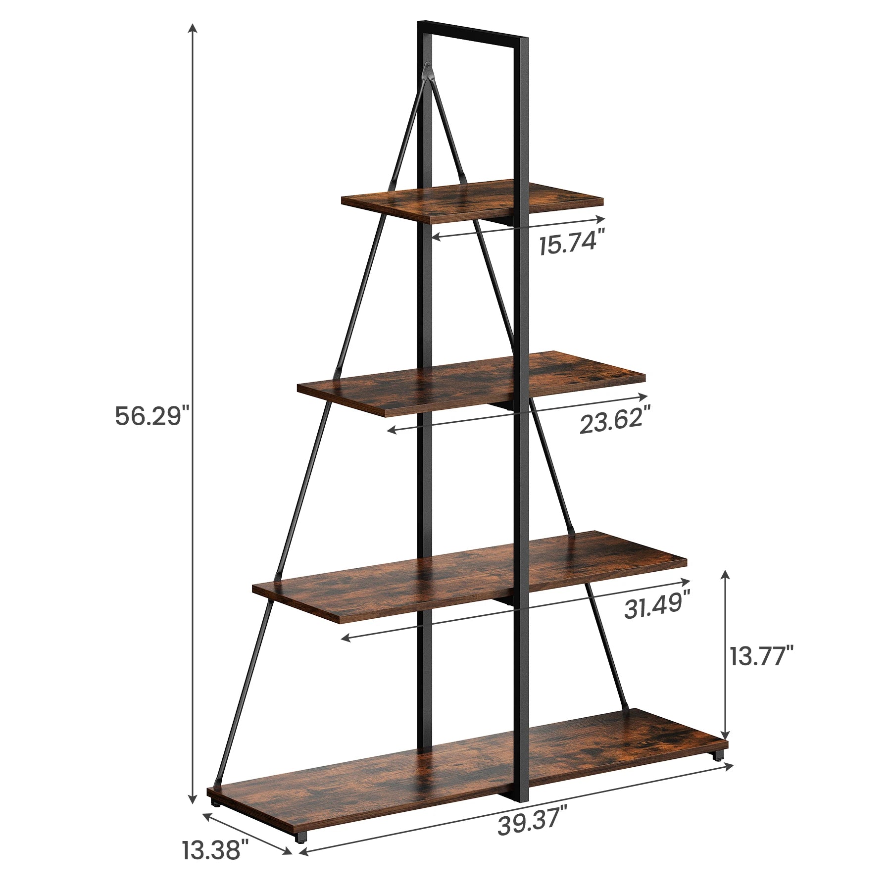4-Tier A-Frame Ladder Shelf Bookcase - Steel Frame Bookshelf | Rustic Book Storage Shelf for Living Room, Bedroom or Kitchen, Living Room Display Rack Stand