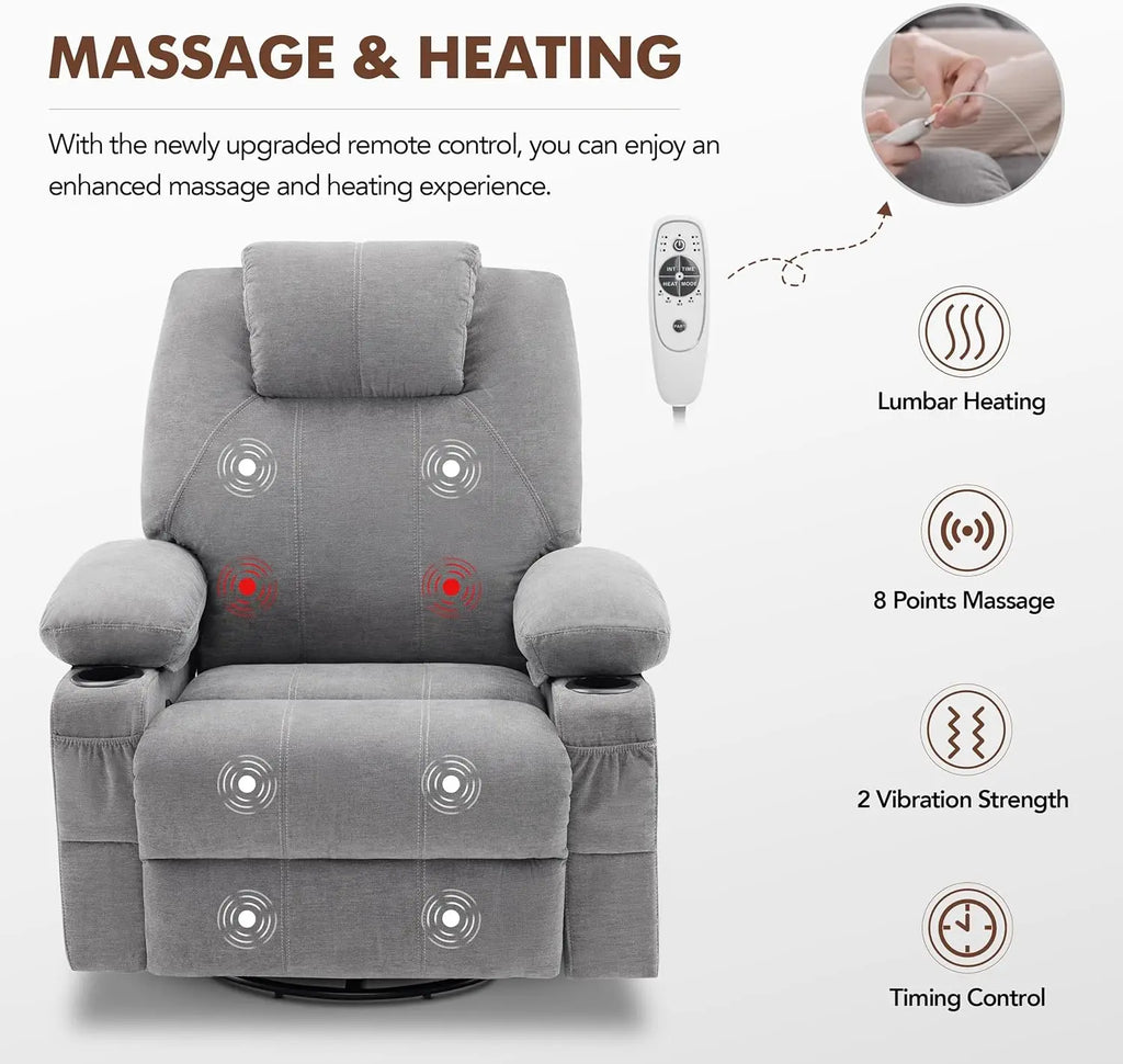 Swivel Rocker Recliner Chair with Heat and Massage, 360 Degree Swivel Recliner Chair