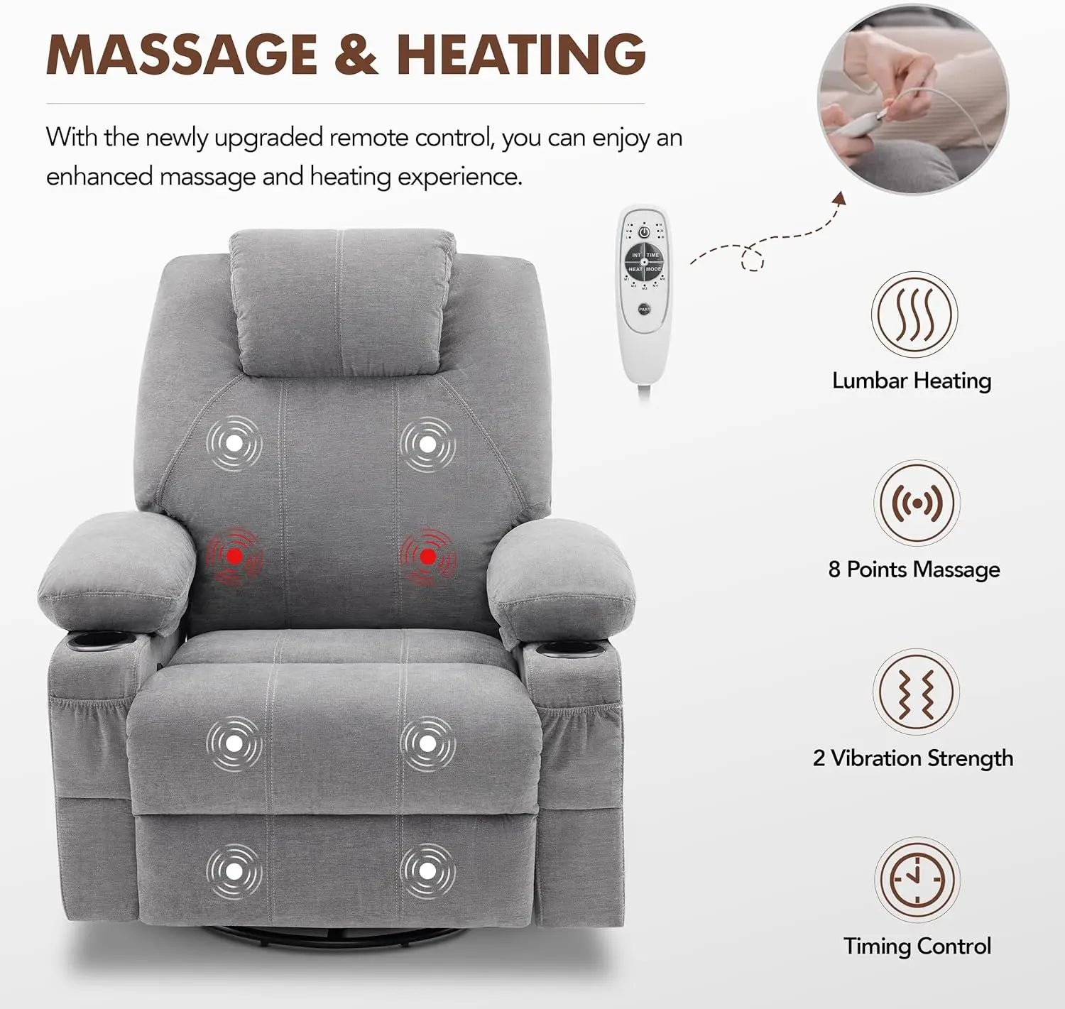 Swivel Rocker Recliner Chair with Heat and Massage, 360 Degree Swivel Recliner Chair