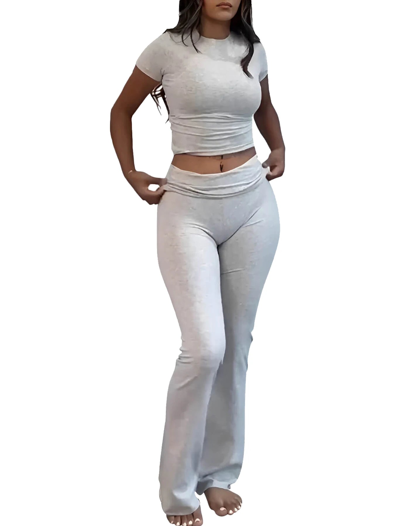 Women's Two-Piece Sports Leisure Yoga Set, Short-Sleeved/ Cuffed Flared Trousers, Sports Set