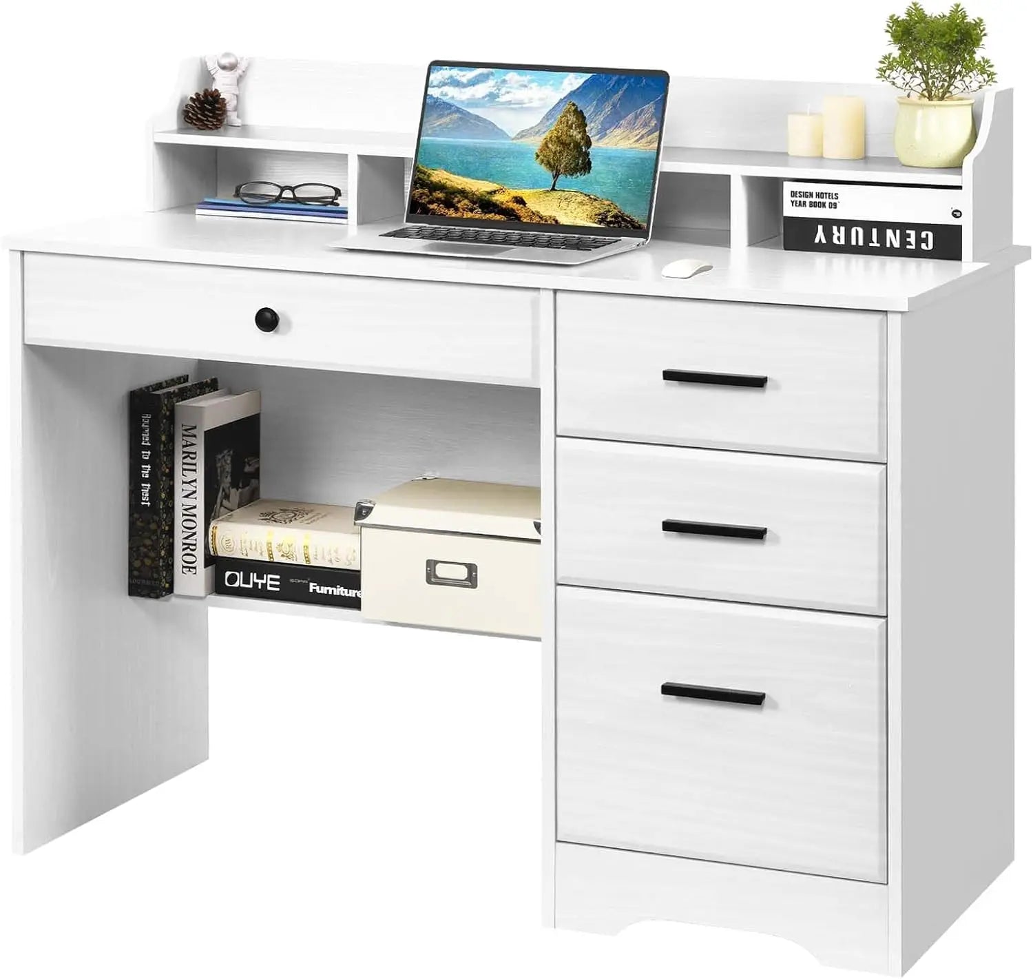 White Computer Desk with 4 Drawers, Hutch & Shelf - Ergonomic Home Office Workstation for Students