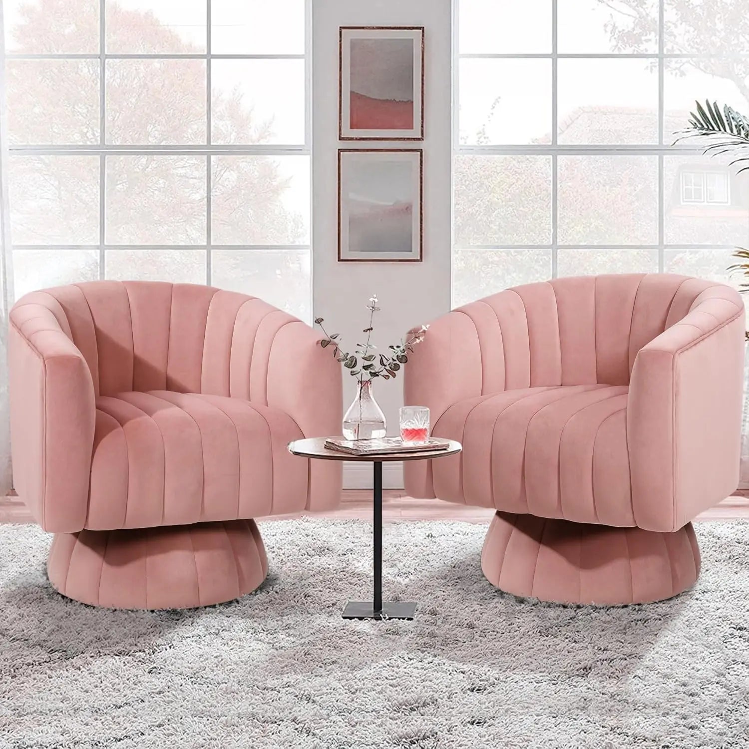 360° Swivel Accent Chair with Armrest Set of 2 Mid Century Tufted Velvet for Living Room/ Bedroom /Reading/ Beige