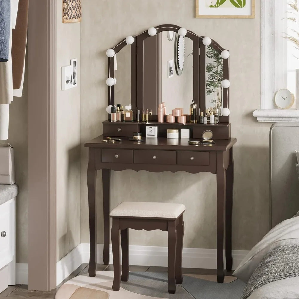 Makeup Vanity Set with Lighted Mirror and Stool, Dressing Table with 5 Drawers, and 3 Light Settings
