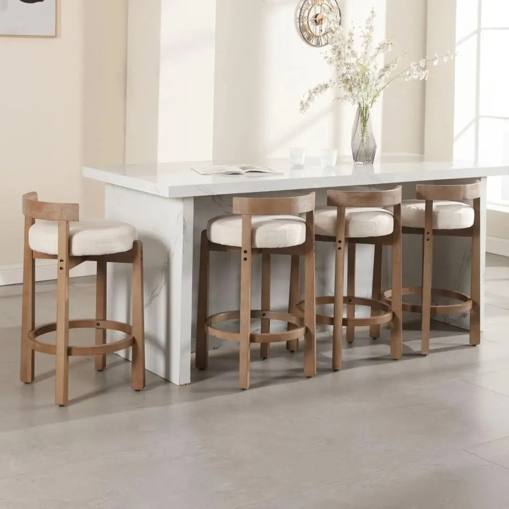 Mid Century Linen Bar Stools Set of 4, Upholstered, 26.5" Seat Height, Round Low Back Stools with Footrest