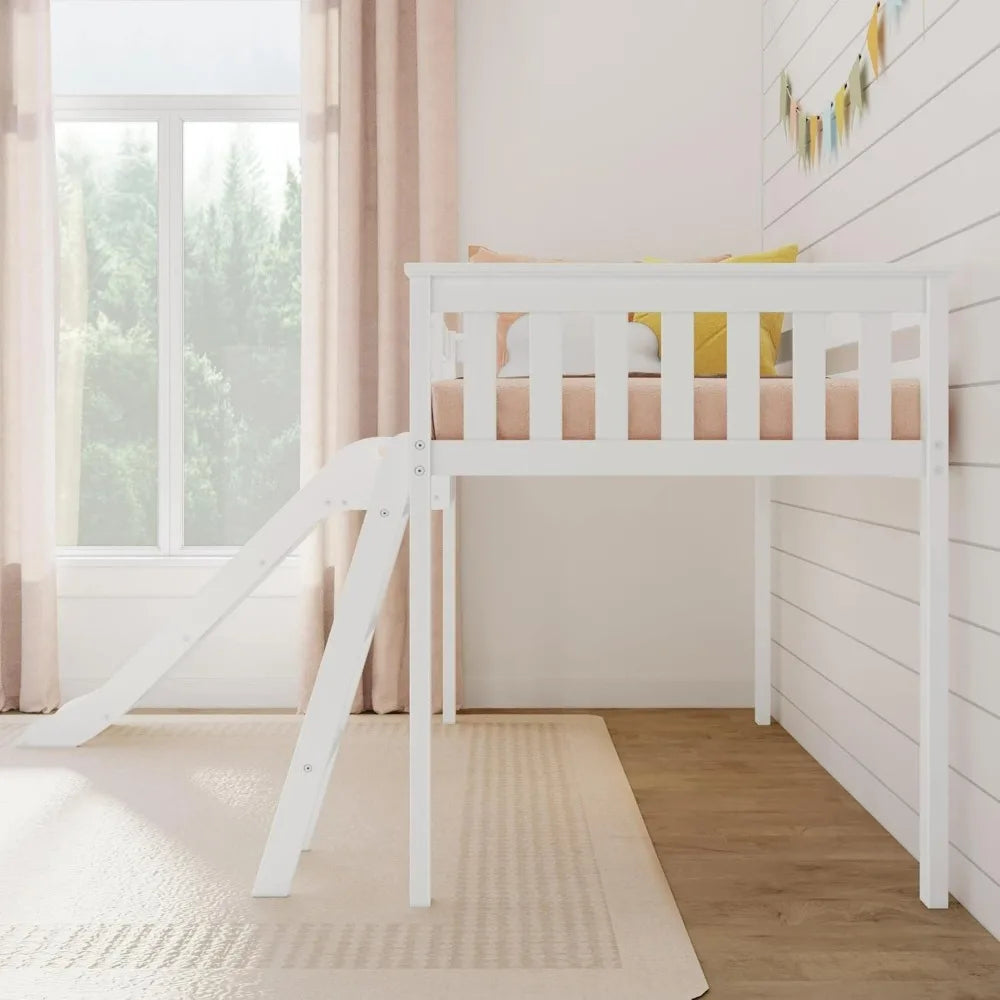 Twin-Size Low Loft Bed with Slide and Ladder - Durable Solid Wood Children's Bedroom Furniture, Supports Up to 400 Pounds