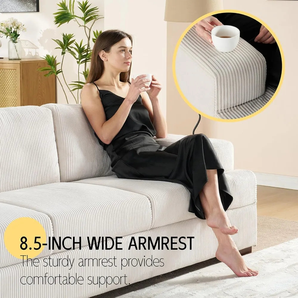89" Comfortable 3-Person Sofa with Wooden Legs, Deep Seating White Corduroy Modern Couch for Living Room