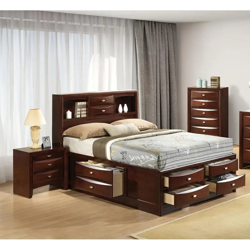 Contemporary Queen Bed Set with 2 Nightstands, Headboard, and Bookcase - Cherry Finish
