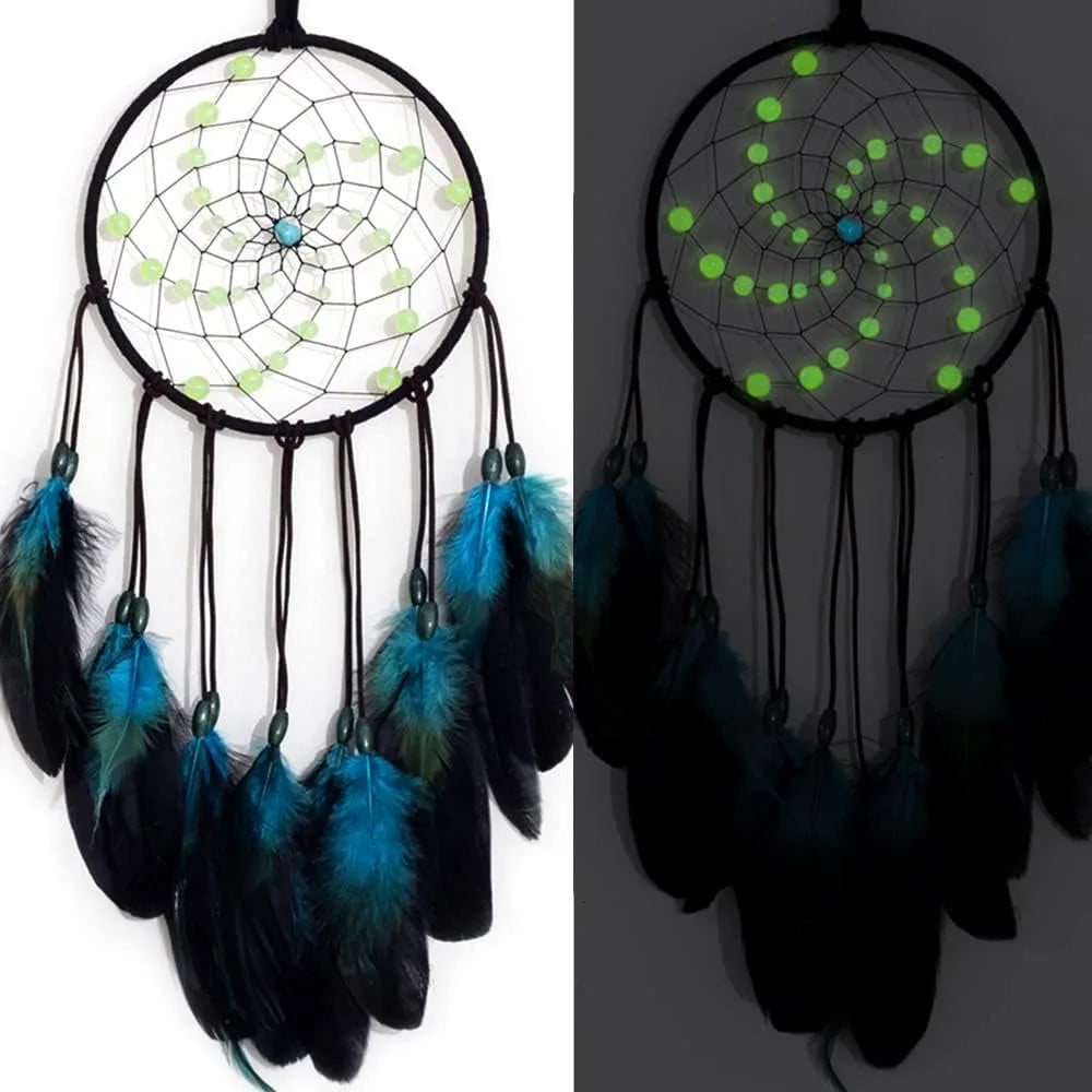 Luminous Beaded Dream Catcher Handmade with Blue Feathers and String Art Wall Hanging for Bedroom Decor Kids Teens Boys Girls Nursery Ornament Good Luck Gift for Birthday Christmas Home Decoration Boho Chic