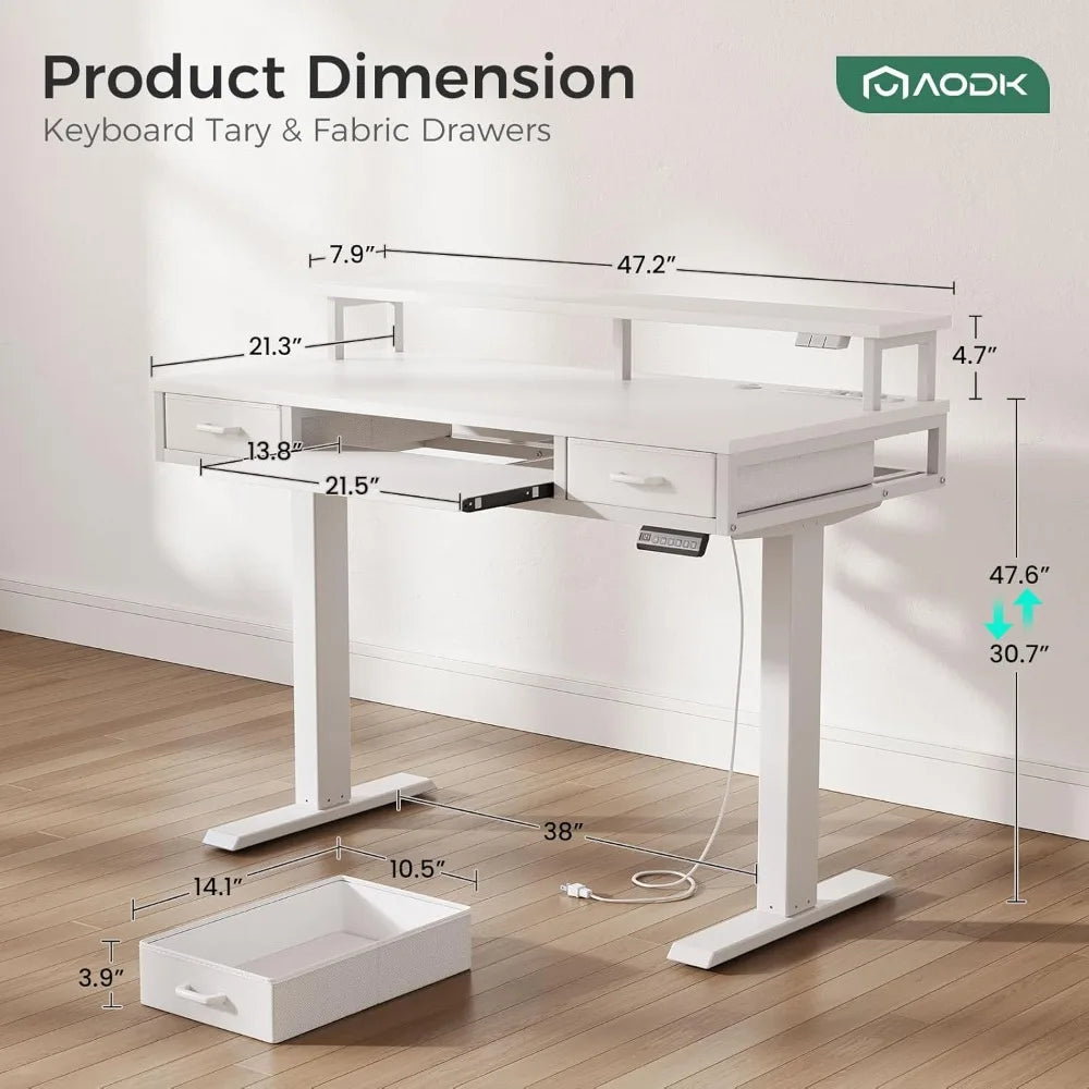 Electric Standing Desk with Drawers & Keyboard Tray, 47 Inch Height Adjustable Small Gaming Desk with Power Outlets & LED Light