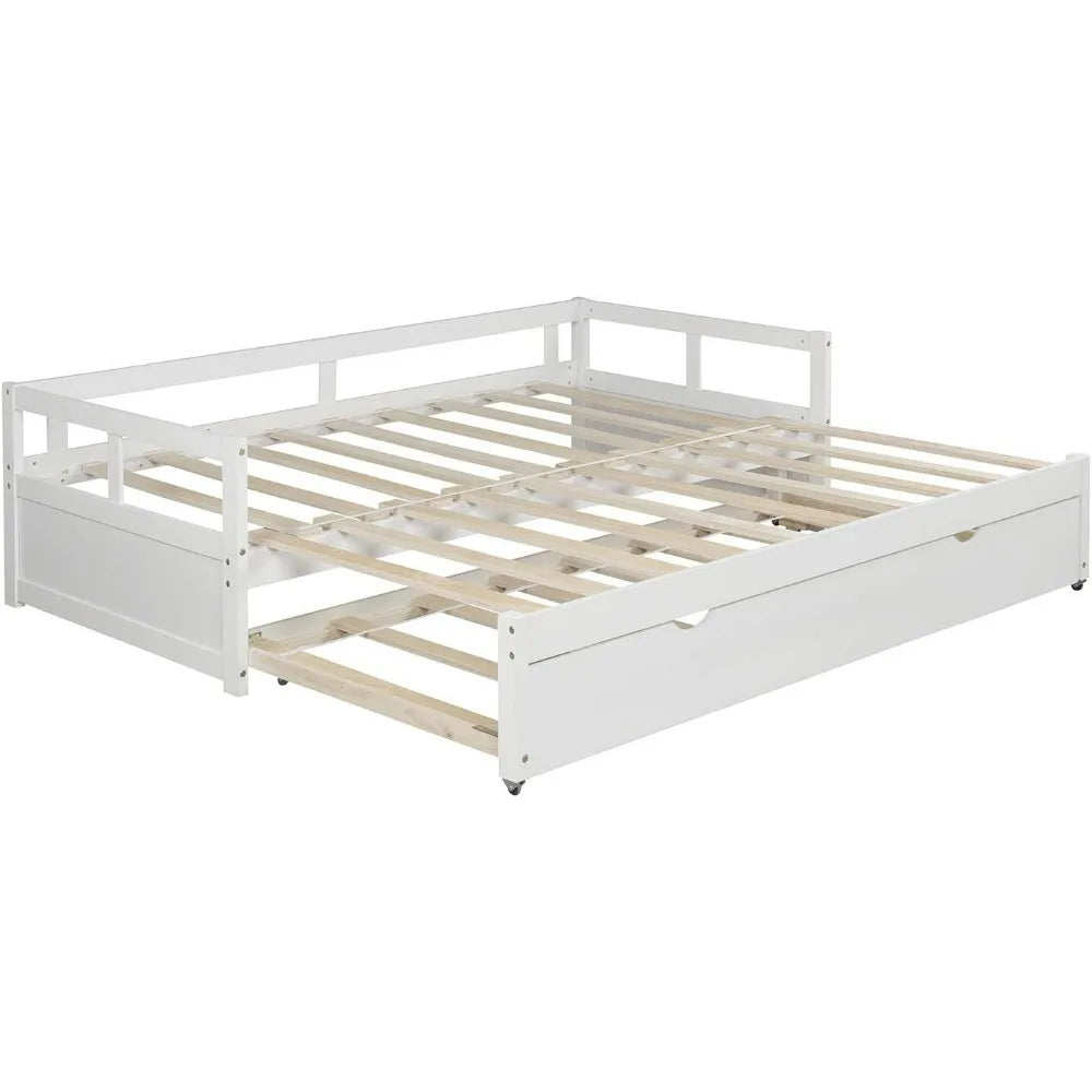Expandable Daybed with Trundle Drawer, Twin to King Size Conversion, Solid Pine Wood Bed with Slats