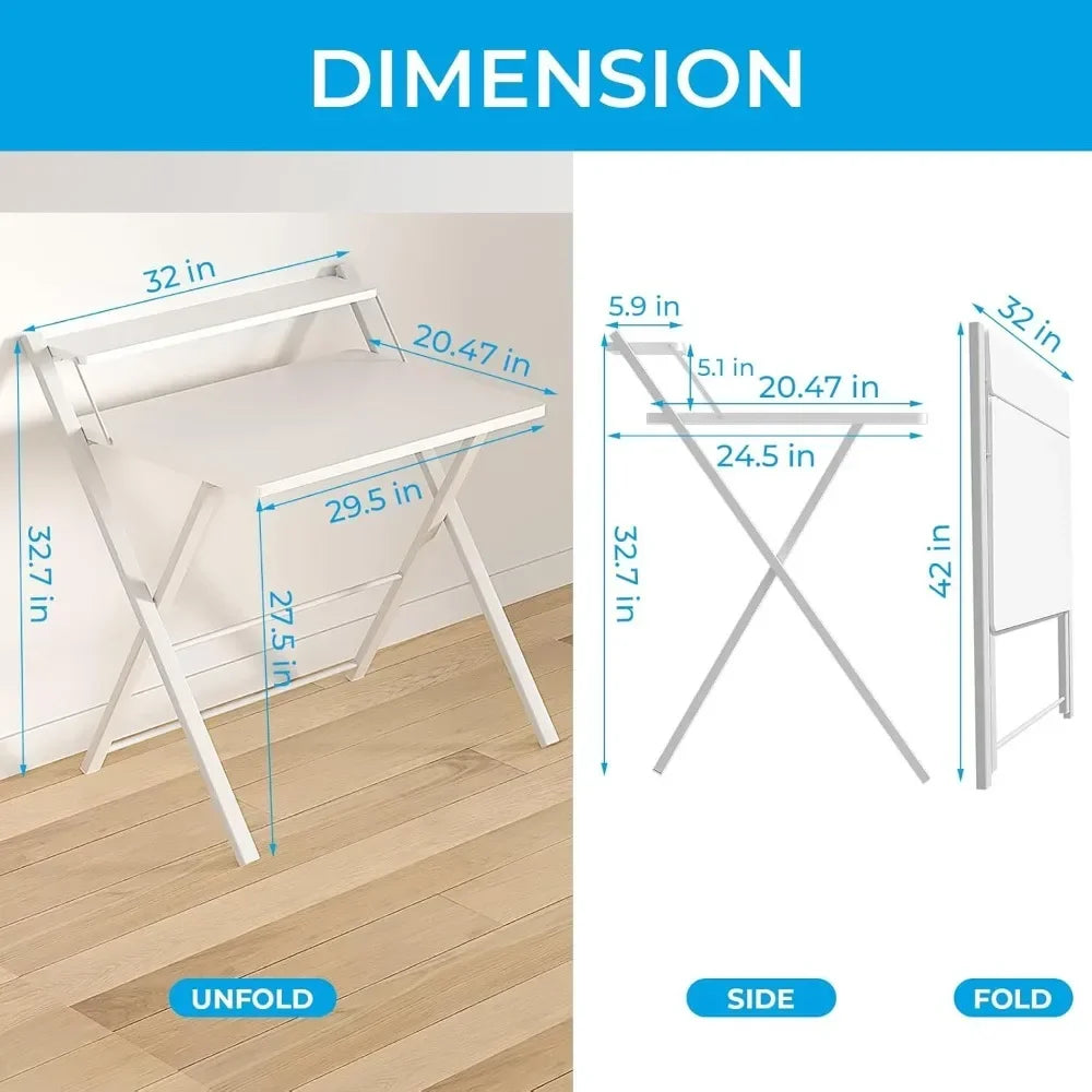 Customizable-Folding Desk/ No Assembly Required/ Large Size 2-Tier Foldable Computer Desk With Shelf For Home Office, Space Saving