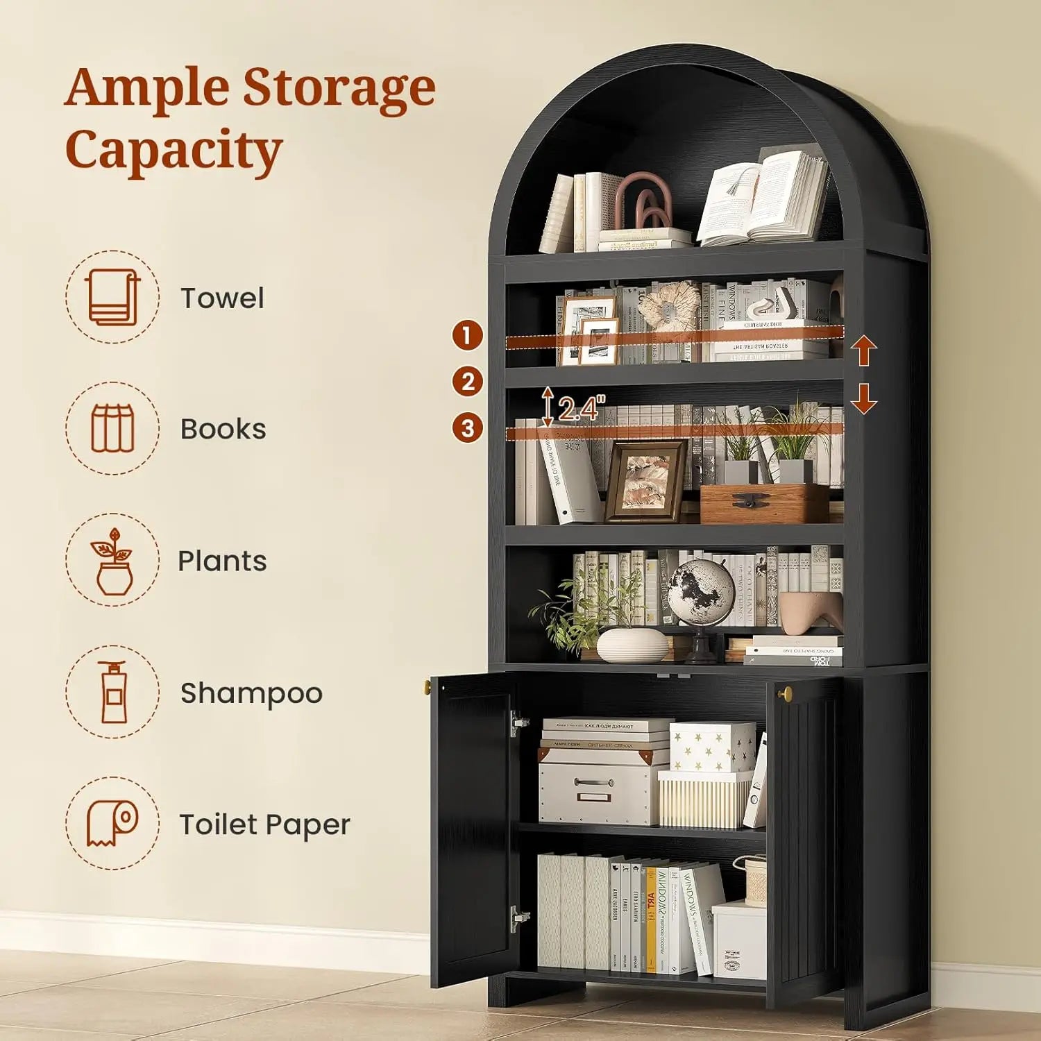 81" Tall Arched Cabinets,6-Tier Bookshelf ,2 Book Risers & Adjustable Shelves For More Storage Space