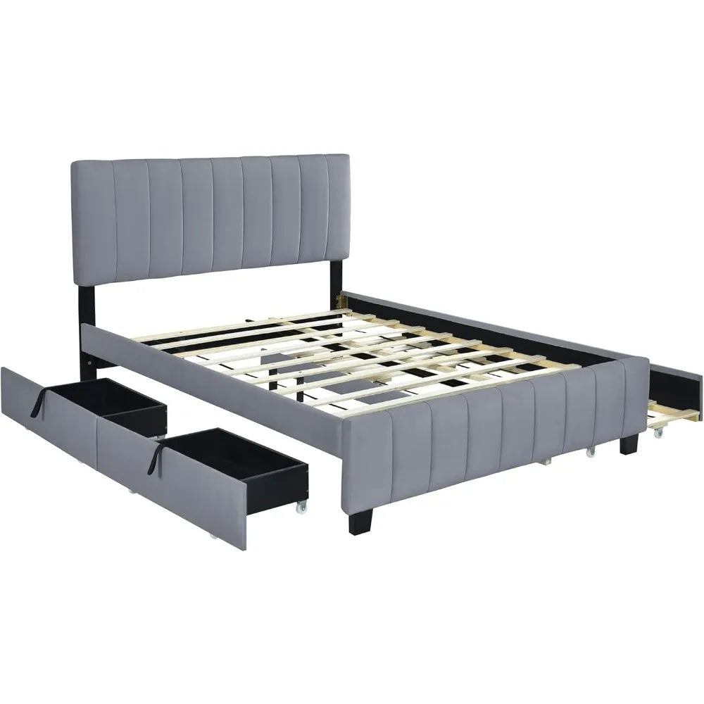 Queen Upholstered Platform Bed with Storage Drawers and Twin XL Trundle, Wooden Bed Frame, No Box Spring Needed