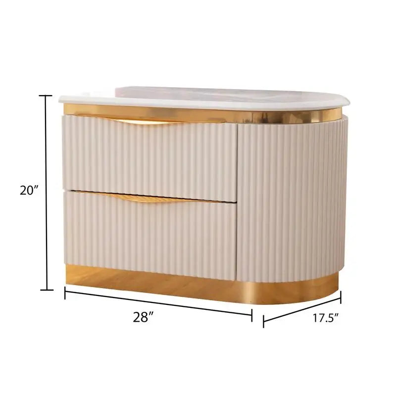 King Upholstered Bed Set, 6 Pieces with Gold Detailing, White Wood Finish