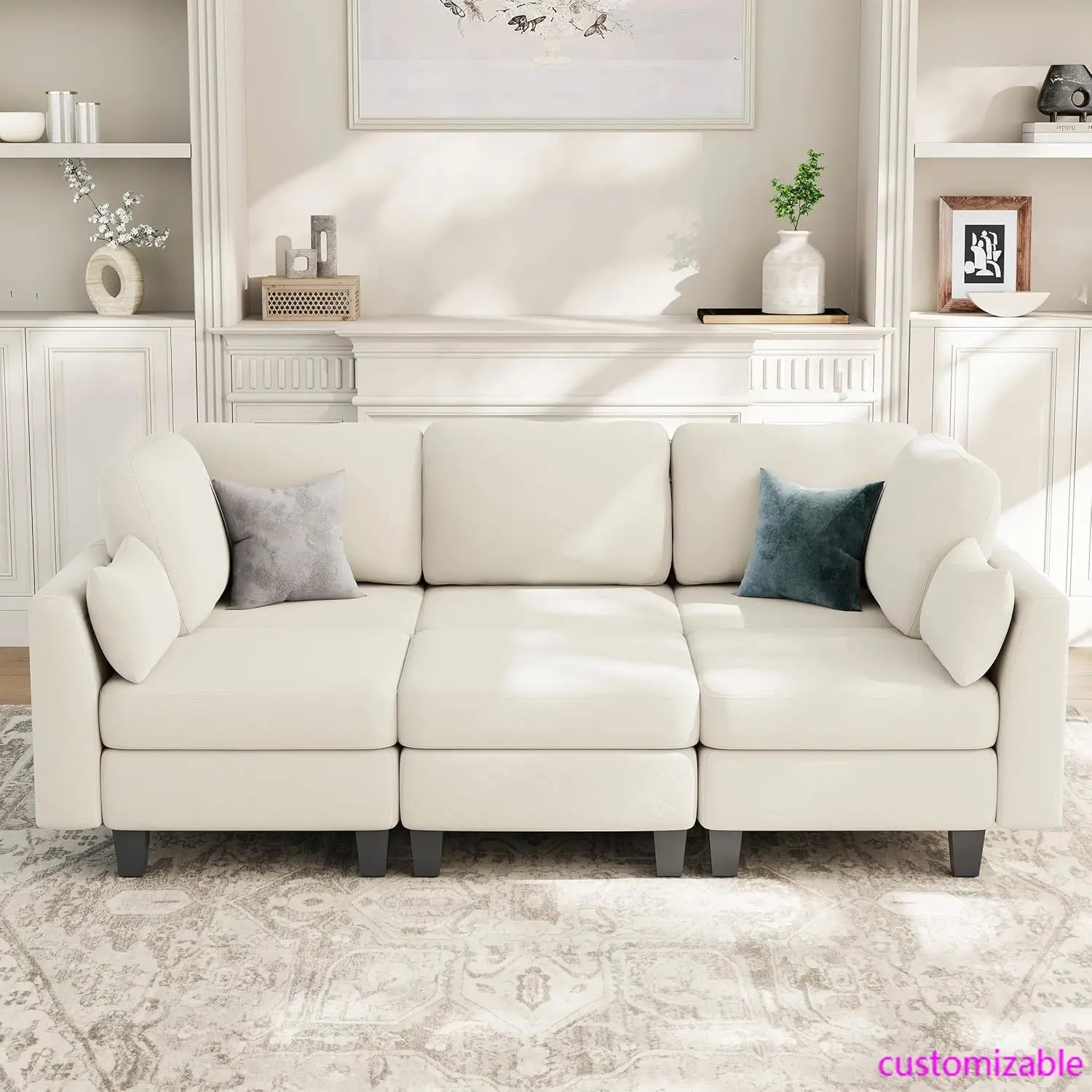 6-Seater Beige Sectional Sleeper/Sofa with Comfortable Modular Couches and Convertible Sofas Featuring Ottoman Storage