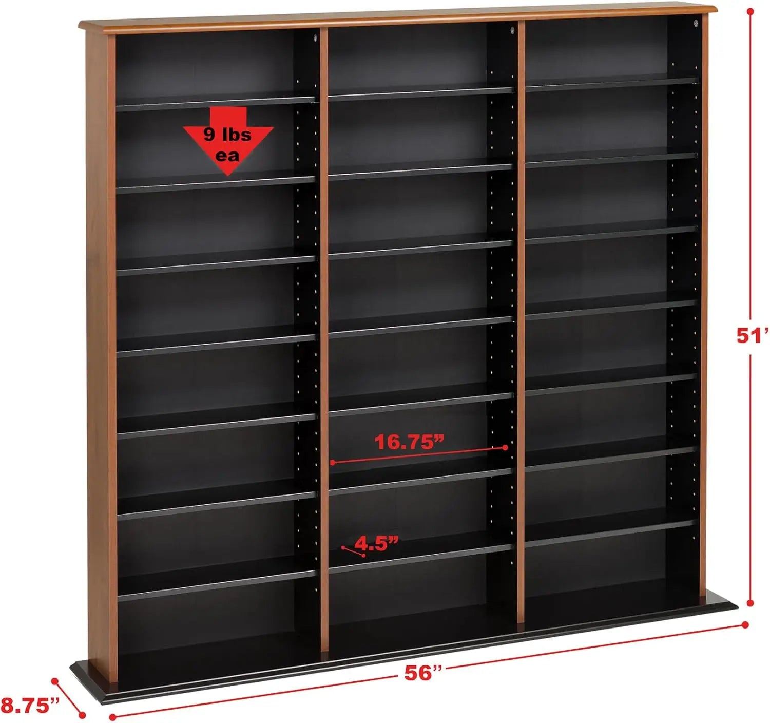 3 Column Tall Cabinet Media Storage, Triple Width Wall, Cherry/Black